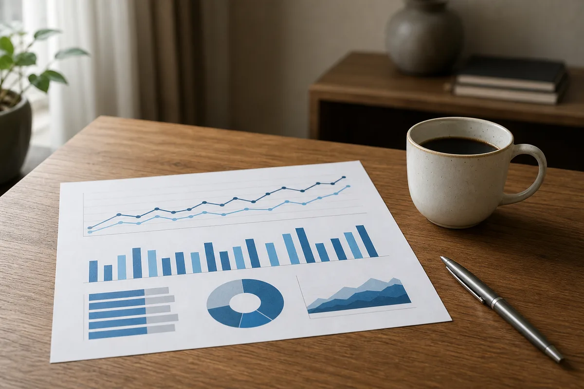 Graphique imprimé de statistiques immobilières sur une table en bois avec une tasse de café