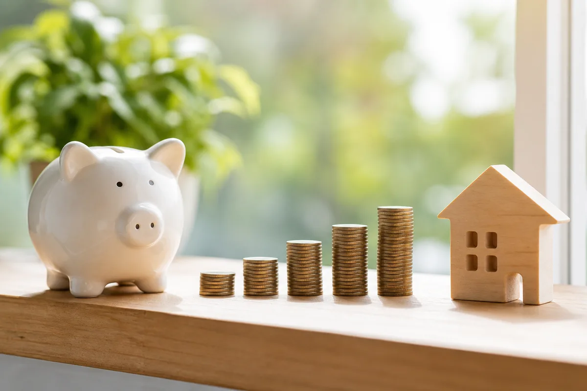 Tirelire et piles de pièces devant une maquette de maison en bois sur un rebord de fenêtre
