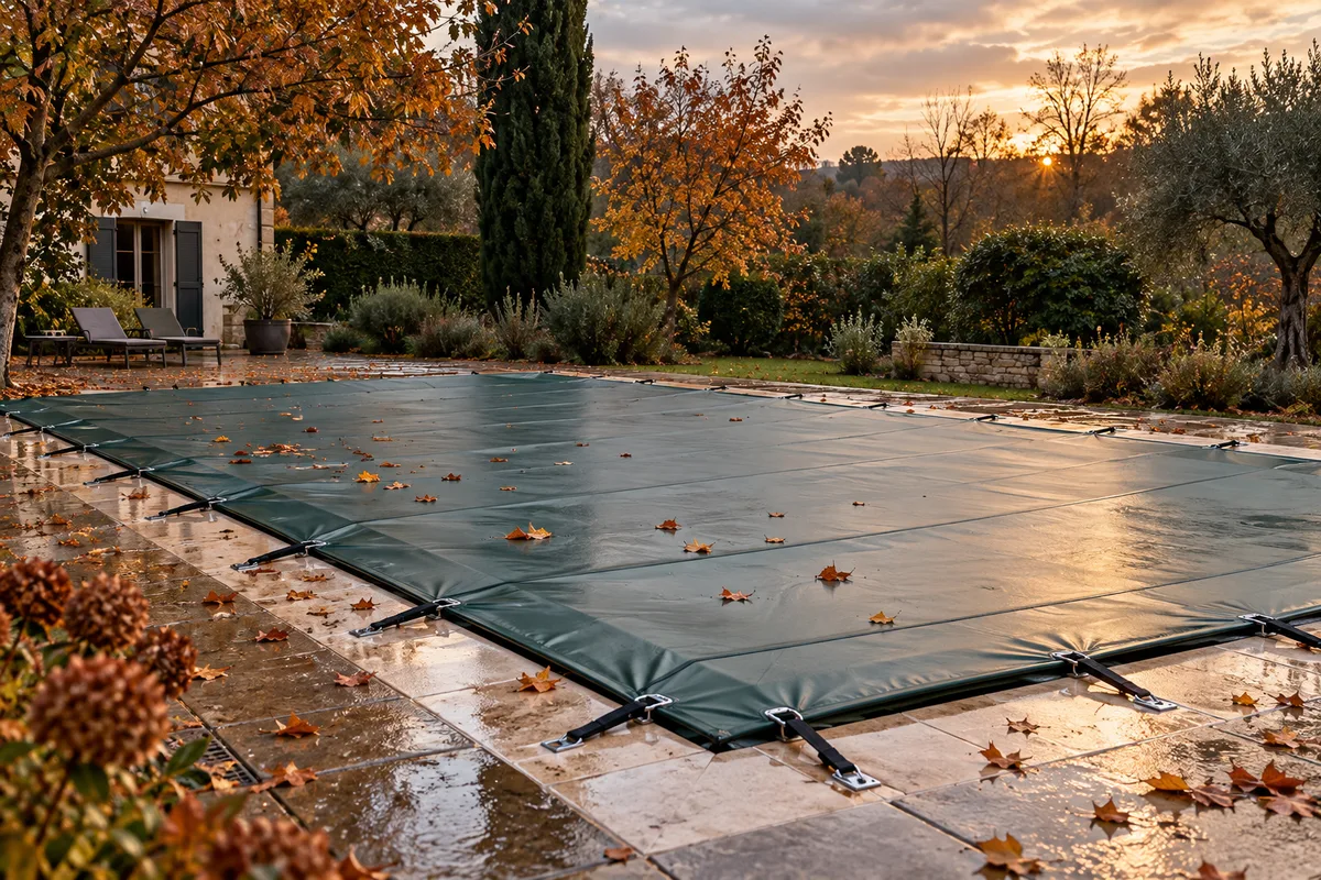 Bâche d’hivernage tendue sur une piscine dans un jardin en automne
