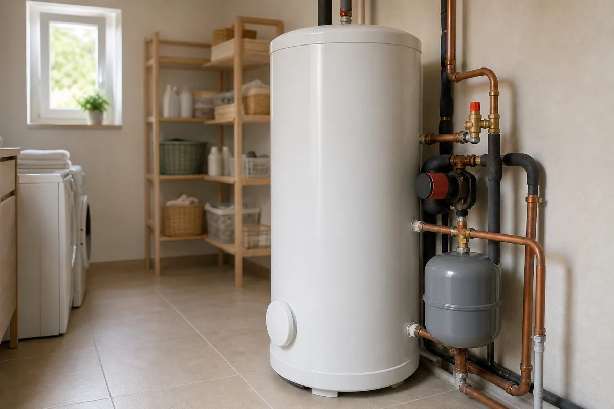Chauffe-eau solaire individuel et ballon de stockage installés dans un cellier de maison