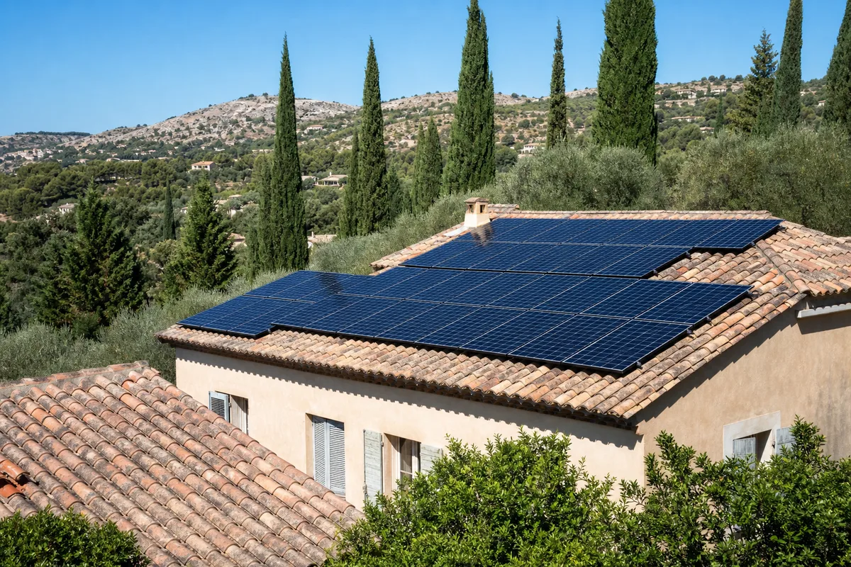 Panneaux photovoltaïques posés sur la toiture en tuiles d&rsquo;une maison provençale, ciel dégagé