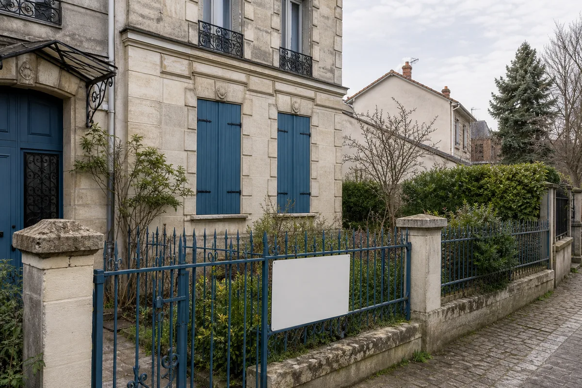 Maison ancienne mise en vente avec panneau d&rsquo;agence immobilière