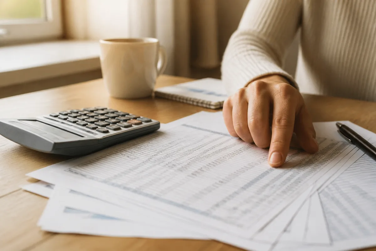 Documents comptables de copropriété et calculatrice posés sur une table en bois, lumière naturelle