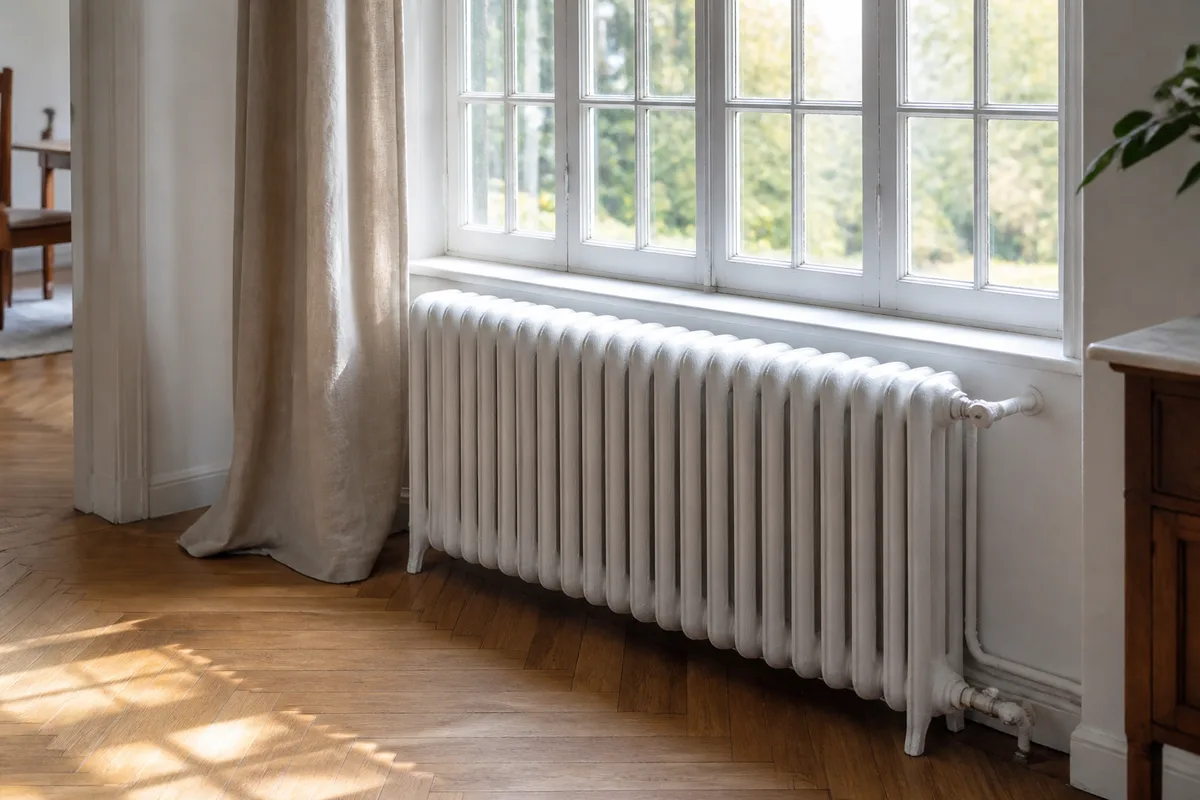 Radiateur en fonte sous une fenêtre dans un appartement lumineux aux murs clairs