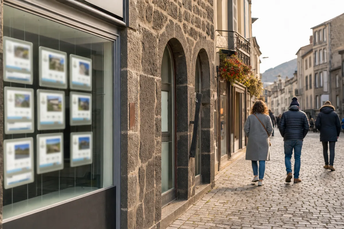 Vue des toits d&rsquo;Aurillac avec une vitrine d&rsquo;agence immobilière en premier plan