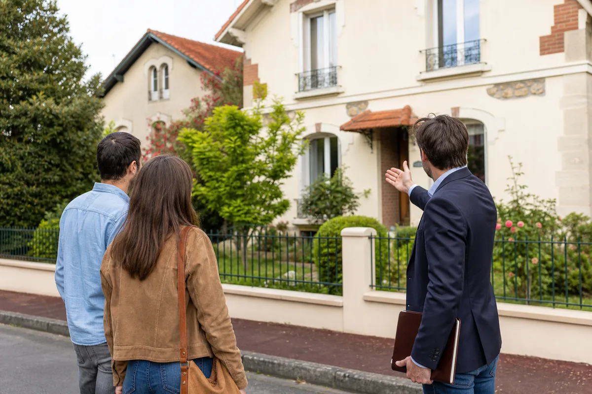 Agent immobilier présentant une maison à un couple de dos dans un quartier résidentiel
