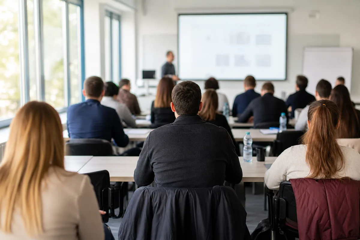 Salle de formation avec étudiants de dos suivant un cours de BTS immobilier