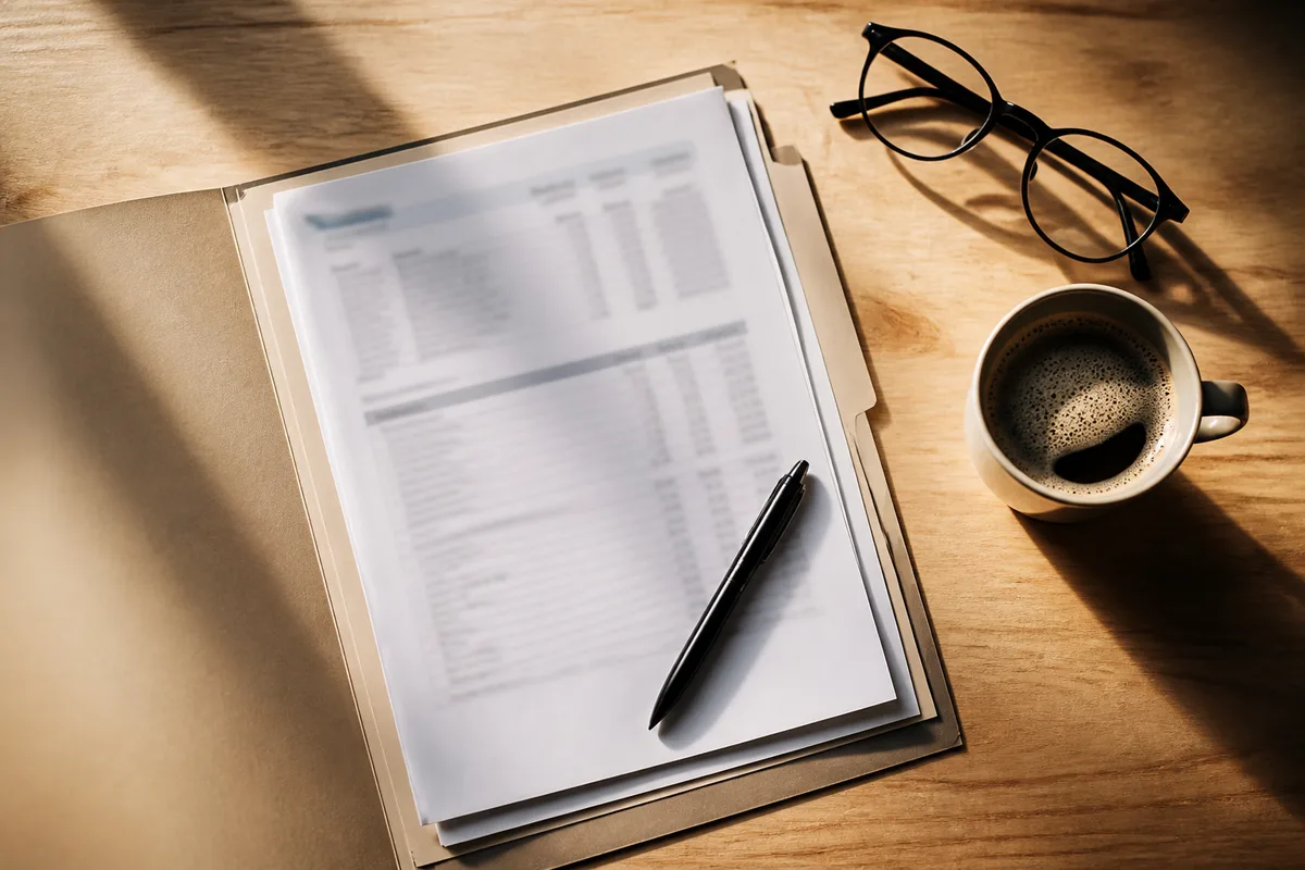 Dossier de prêt immobilier ouvert sur une table avec une lettre de la banque et un stylo