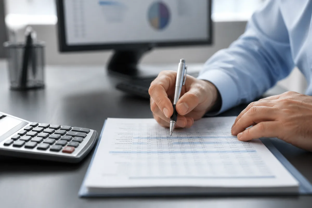 Conseiller bancaire examinant des relevés de comptes et une calculatrice dans un bureau lumineux