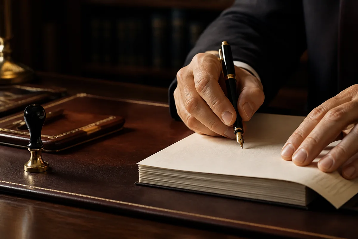 Étude notariale, mains signant un document officiel sur un bureau en bois