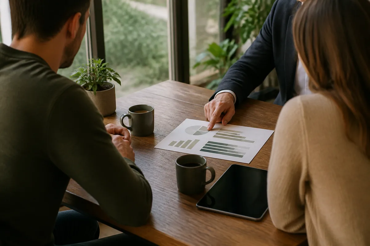 Couple discutant avec un courtier autour d&rsquo;un plan de financement, ambiance chaleureuse