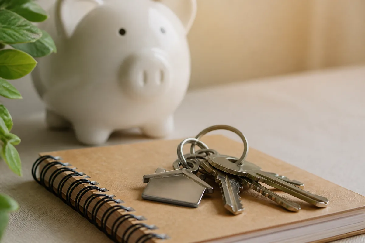 Clés de maison posées sur un carnet de comptes et une tirelire en céramique, lumière douce