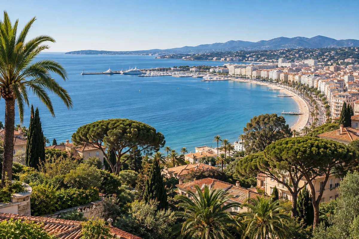 Vue sur la baie de Cannes et la Croisette depuis une colline plantée de palmiers