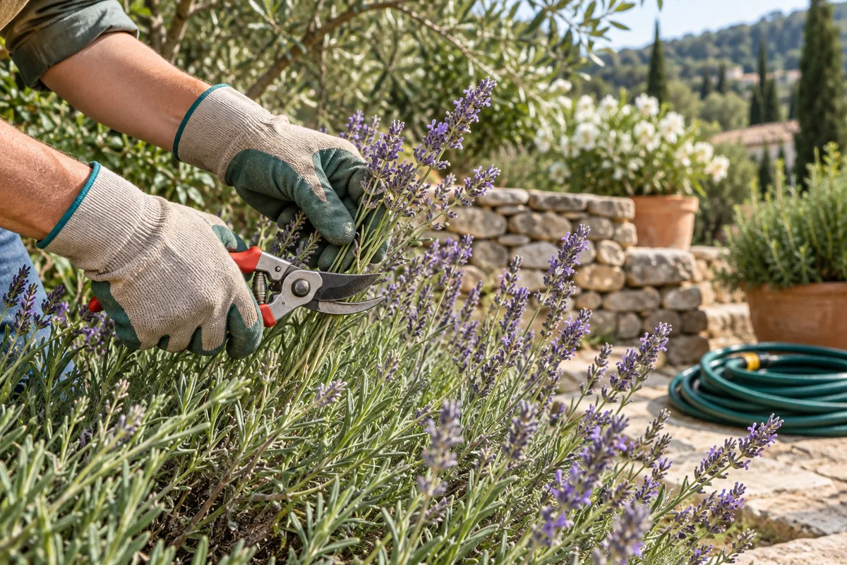 Mains gantées d&rsquo;un jardinier taillant un buisson de lavande devant une terrasse en pierre