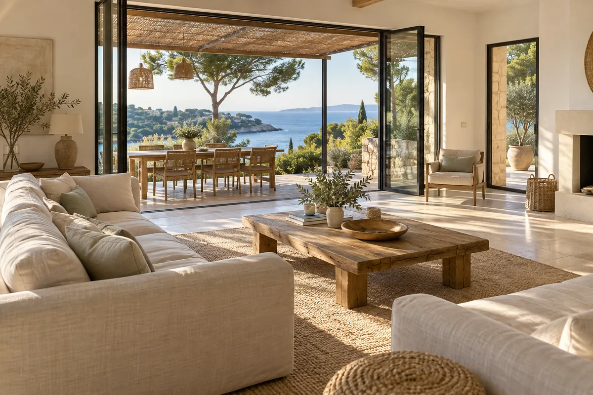 Salon lumineux d&rsquo;une maison de vacances vide ouvert sur une terrasse et la mer