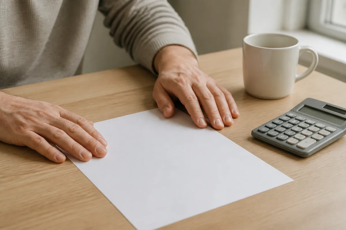 Mains posées sur une table en bois clair à côté d&rsquo;une calculatrice et d&rsquo;une tasse