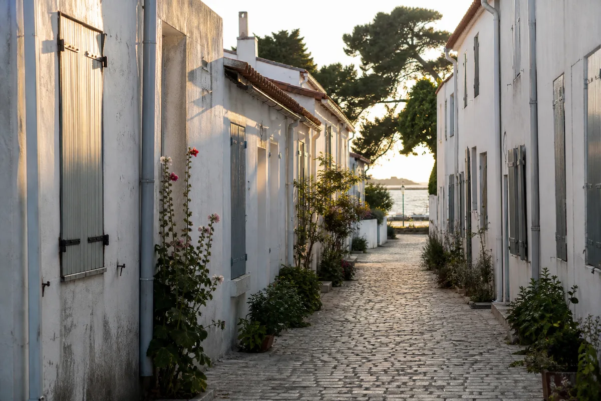 Rue d&rsquo;un village côtier bordée de maisons claires aux volets clos en fin de journée