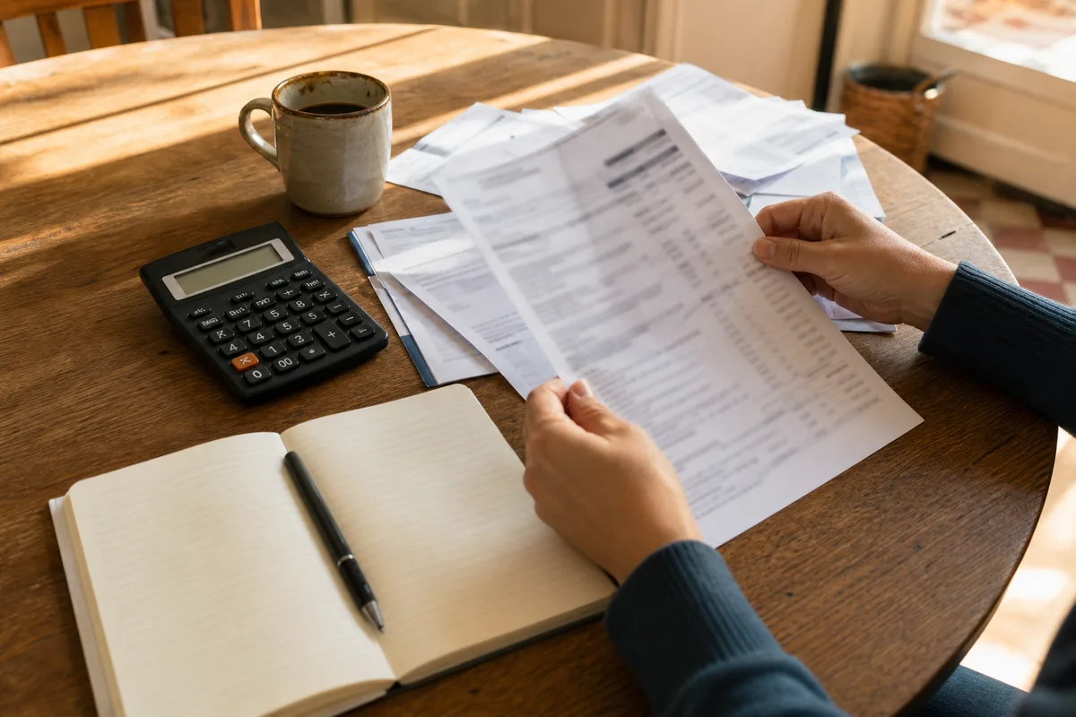 Bureau avec calculatrice, relevés de compte et carnet de notes préparés pour un calcul de budget immobilier