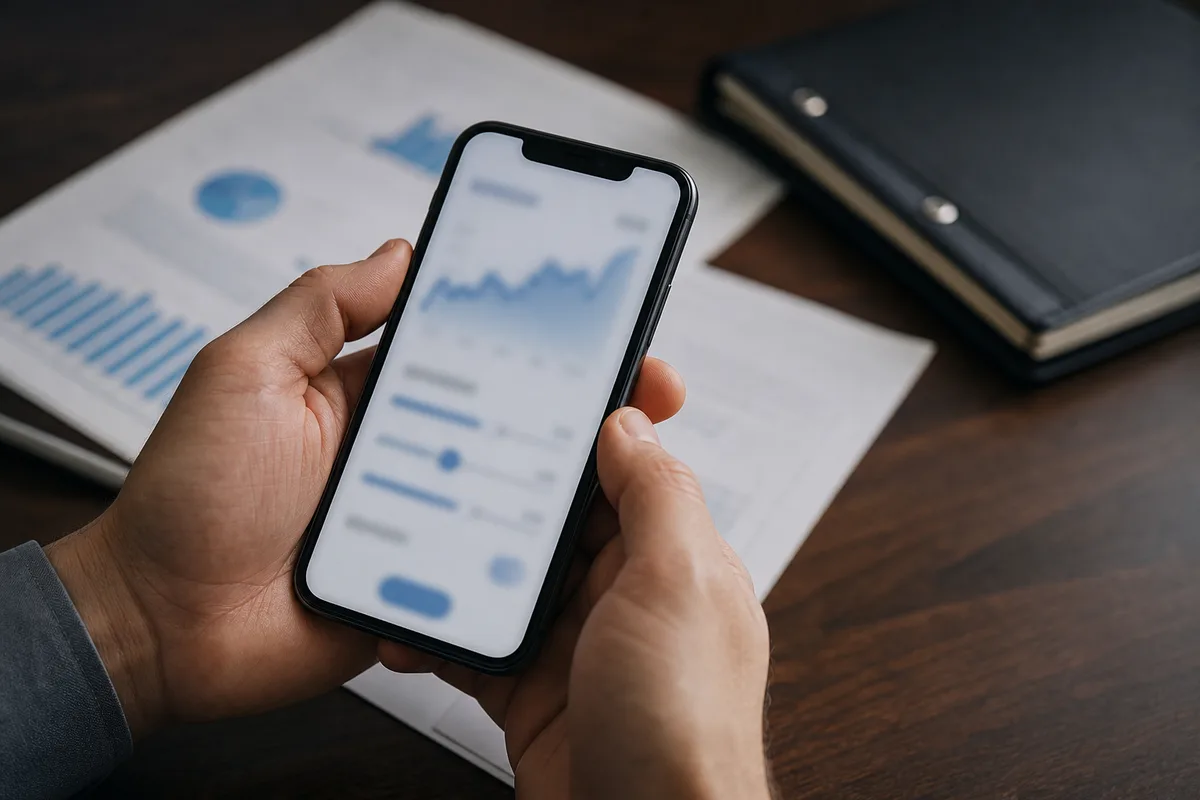 Mains tenant un smartphone affichant un simulateur de prêt devant des documents de financement étalés sur une table