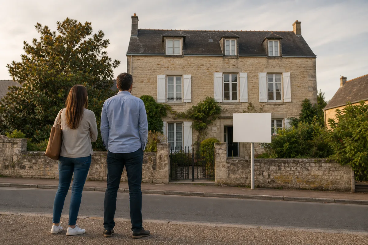 Couple de dos observant la façade d&rsquo;une maison en pierre avec panneau à vendre dans une rue française