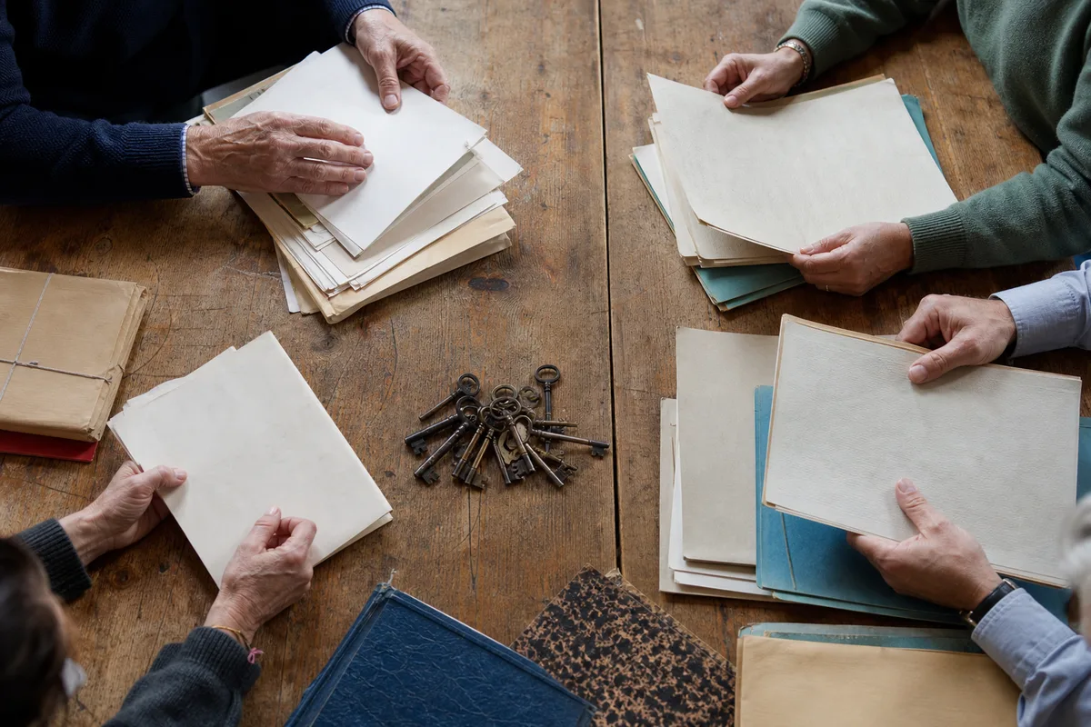 Réunion de famille autour d&rsquo;une table avec documents de succession et clés d&rsquo;une maison ancienne