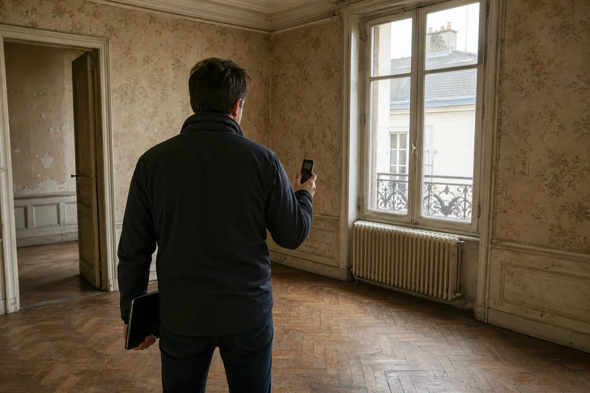 Diagnostiqueur immobilier relevant les mesures d&rsquo;une pièce ancienne avec un télémètre laser