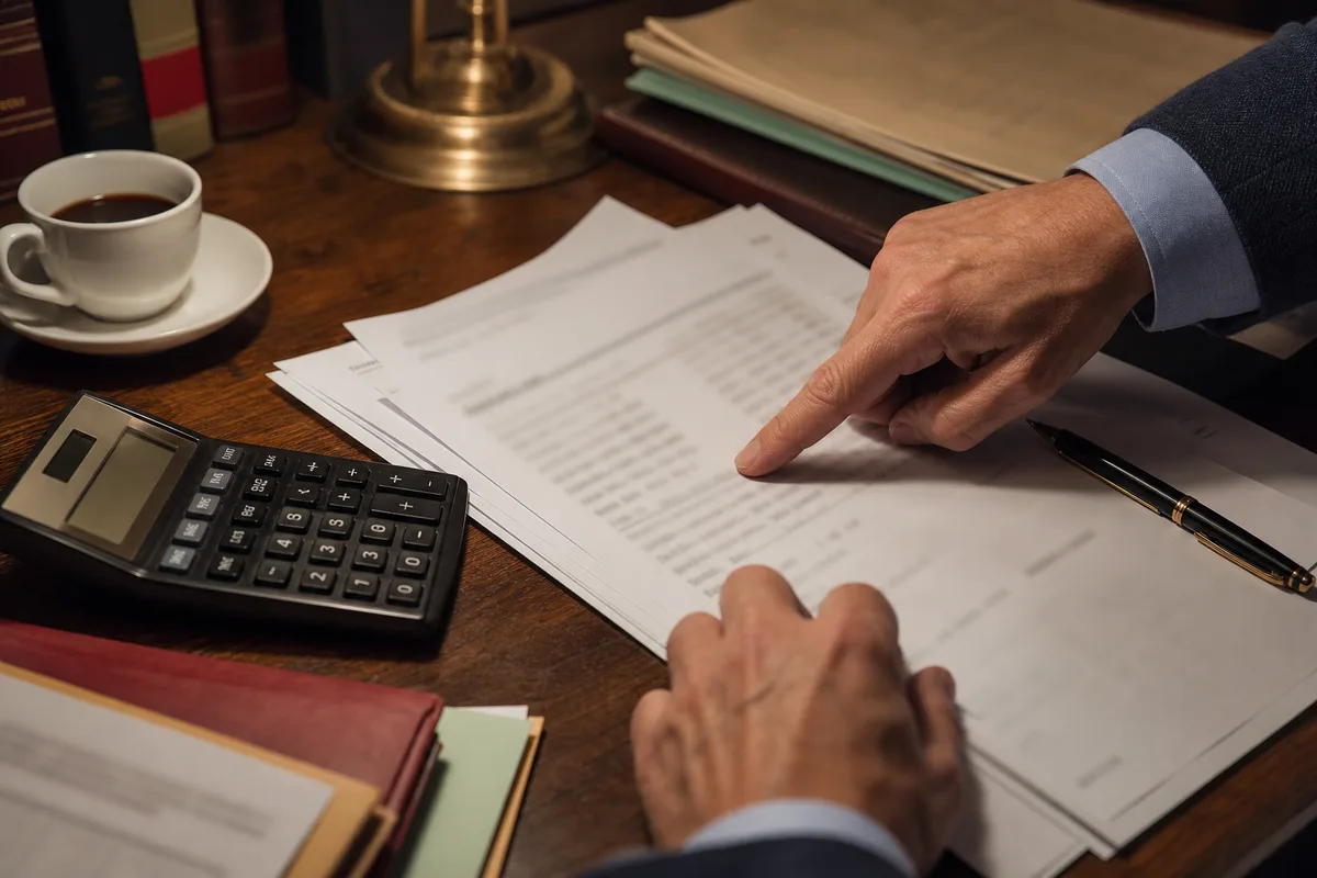 Calculatrice et actes notariés posés sur un bureau pendant le calcul d&rsquo;une plus-value immobilière